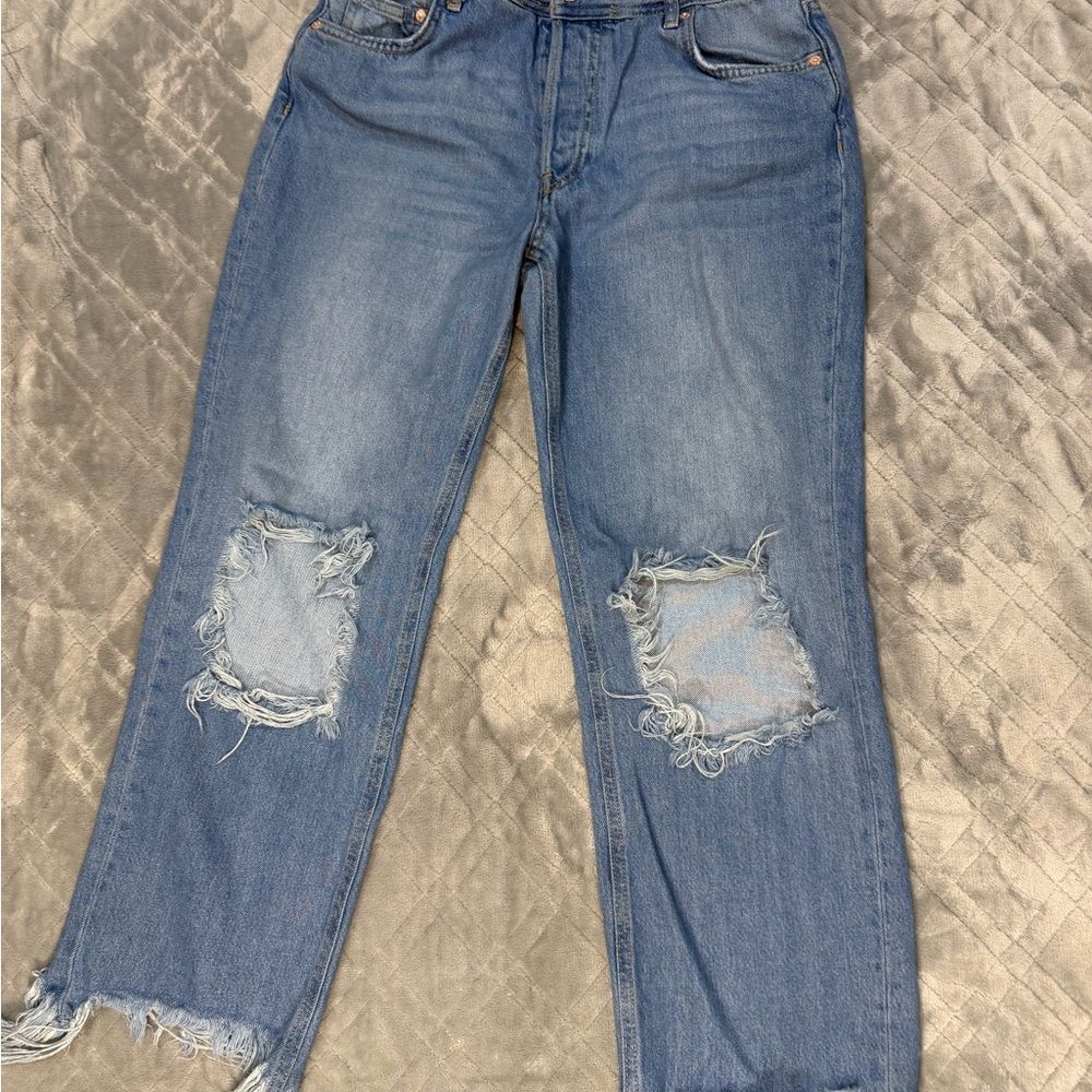 Free People Blue Distressed Straight Leg Jeans
